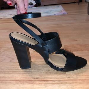 Bamboo Strappy Black Leather Heels